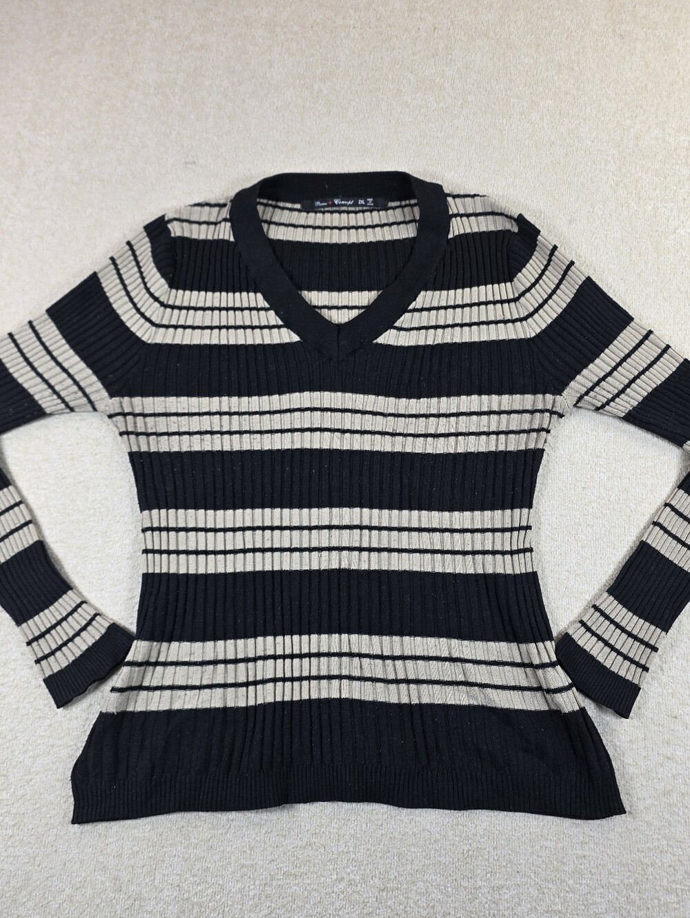 Roma Concept Womens Sweater 2XL Black Tan Striped Ribbed V Neck Junior